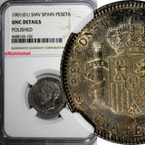 Spain Alfonso XIII SILVER 1901 (01) SMV Peseta NGC UNC DETAILS Toning KM# 706