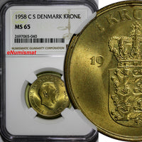DENMARK Frederik IX Aluminum-Bronze 1958 C S 1 Krone NGC MS65 KM# 837.2