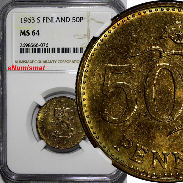 Finland Aluminum-Bronze 1963-S 50 Pennia NGC MS64  1st Year Type KM# 48