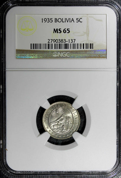 BOLIVIA Copper-Nickel 1935 5 Centavos NGC MS65 BU NICE KM# 178