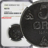 Norway Iron 1943 5 Øre NGC AU55 World War II German occupation issue KM# 388