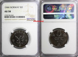 Norway Haakon VII Iron 1944 5 Ore NGC AU58 WWII Issue 1 COIN GRADED HIGHER KM388