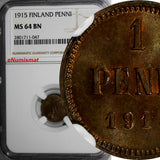 FINLAND Nicholas II Copper 1915 1 Penni NGC MS64 BN   KM# 13