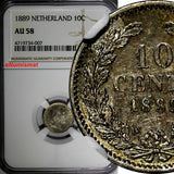 Netherlands William III Silver 1889 10 Cents NGC AU58 Light Toned KM# 80