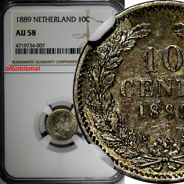 Netherlands William III Silver 1889 10 Cents NGC AU58 Light Toned KM# 80