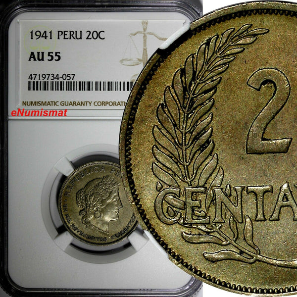 Peru Copper-Nickel 1941 20 Centavos NGC AU55 BETTER DATE KM# 215.2 (057)