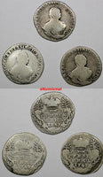 RUSSIA ELIZABETH Silver LOT OF 3 COINS 1748 10 Kopeks,Grivennik  C# 16a