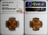 Finland Russian Tsar Nicolas II (1895-1917) 1915 5 Pennia NGC MS63 RB KM# 15/065