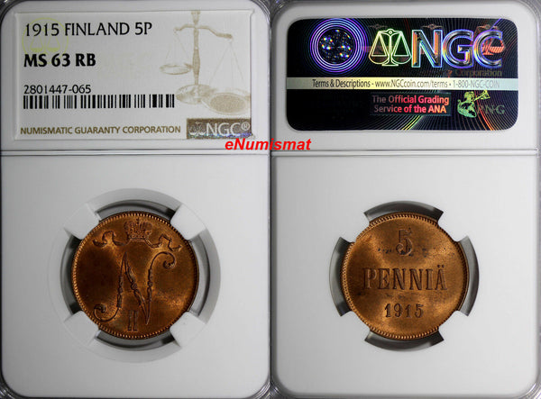Finland Russian Tsar Nicolas II (1895-1917) 1915 5 Pennia NGC MS63 RB KM# 15/065