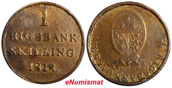 Denmark Frederik VI 1818 1 Rigsbankskilling Brown Copper VF Condition KM# 688