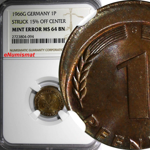 Germany - Federal Republic 1966-G 10 Pfennig MINT ERROR NGC MS64 BN KM# 105(094)