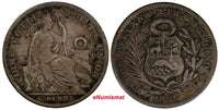 Peru Silver 1895 TF-JR 1/5 Sol Early Type Date RARE  aVF KM# 205.2