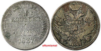 POLAND RUSSIA Nicholas I Silver 1837 MW 1 Zloty 15 Kopecks  VF Details C# 129