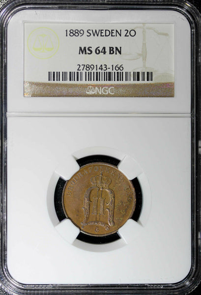 SWEDEN BRONZE Oscar II 1889  2 Ore NGC MS64 BN  21mm Low Mintage :589,000