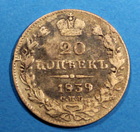 RUSSIA Nicholas I  Silver 1839 SPB NG  20 Kopecks  Bitkin-321