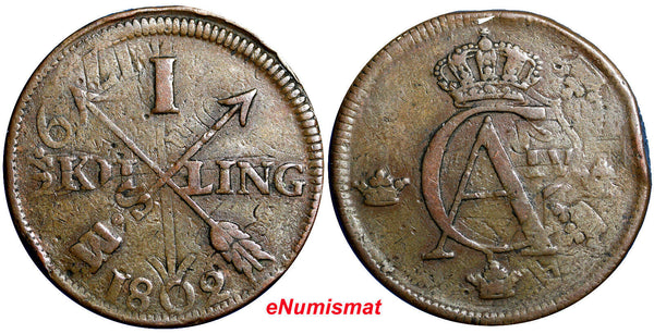 SWEDEN COPPER 1802 1 SKILLING OVERSTRUCK ON 2 ORE S.M. 1769 (FULL  DATE) #2406