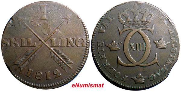 SWEDEN COPPER Carl XIII 1812 1 SKILLING  Mintage:480,000   KM# 585 (2373)