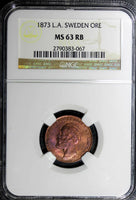 SWEDEN Oscar II Bronze 1873 1 Ore  NGC MS63 RB RED! VARIETY "L.A. " KM# 728