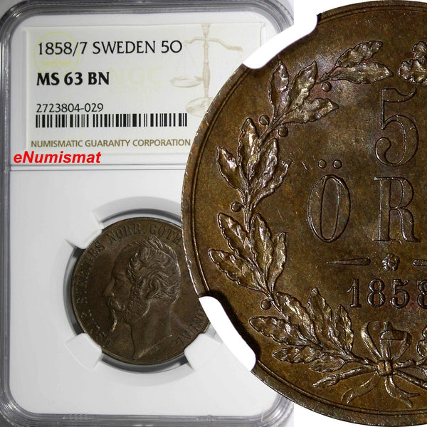 SWEDEN Oscar I Bronze 1858/7 5 Ore Overdate NGC MS63 BN 2 YEAR TYPE KM# 690 (29)