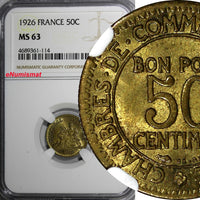 France Aluminum-Bronze 1926  50 Centimes NGC MS63 Mercury seated KM# 884