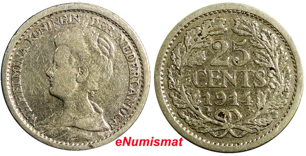 Netherlands Wilhelmina I Silver 1914 25 Cents 19mm KM# 146