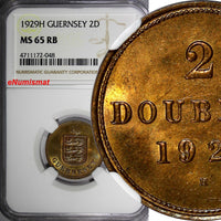 Guernsey 1929-H 2 Doubles NGC MS65 RB Last Date Type Mintage-79,000 KM# 12