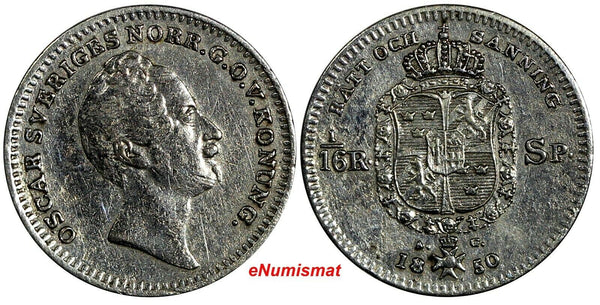 SWEDEN Oscar I Silver 1850 AG 1/16 Riksdaler  KM# 665