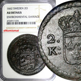 SWEDEN CARL XI Copper 1662 2 Ore NGC AU DETAILS KEY DATE SCARCE KM# 234.1