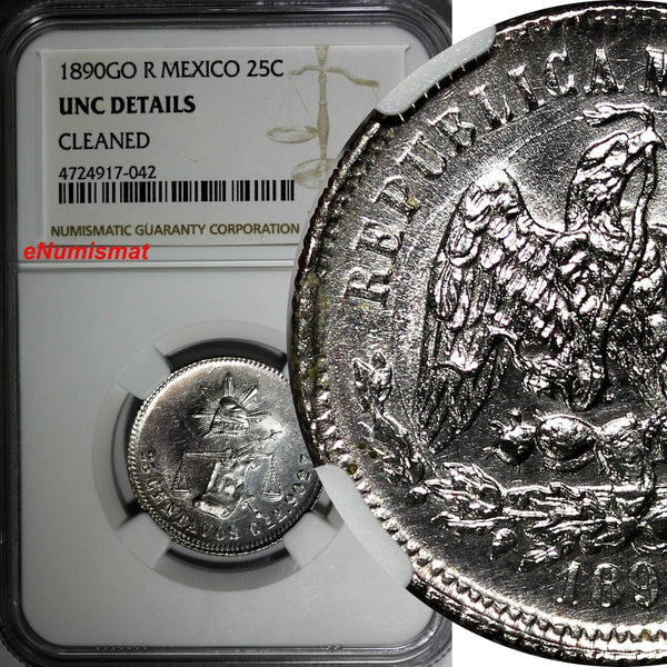 Mexico Silver 1890 GO R 25 Centavos NGC UNC DET. Guanajuato Mint-236,000 KM406.5