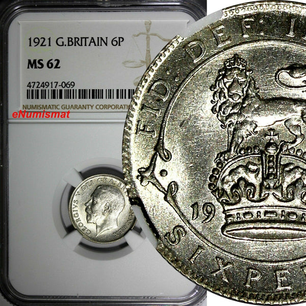 Great Britain George V (1910-1936) Silver 1921 6 Pence NGC MS62 KM# 815a.1