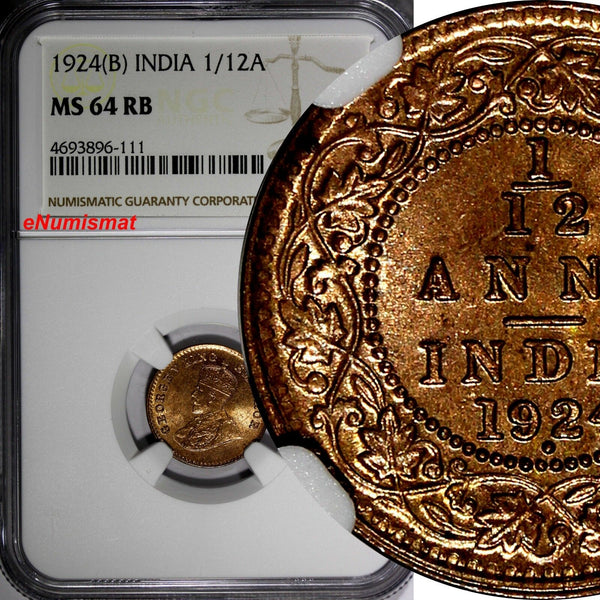 India-British George V Bronze 1924 (B) 1/12 Anna NGC MS64 RB KM# 509