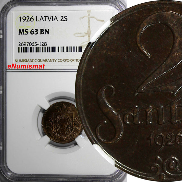 Latvia Bronze 1926 2 Santimi NGC MS63 BN KM# 2
