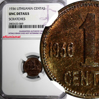 Lithuania Bronze 1936 1 Centas NGC UNC DETAILS1 YEAR TYPE KM# 79