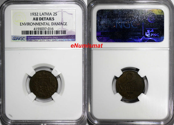 Latvia Bronze 1932 2 Santimi NGC AU DETAILS Last Year Type KM# 2