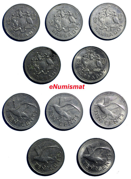 BARBADOS Copper-Nickel LOT OF 5 COINS 1973-1980 10 CENTS KM# 12 N/R
