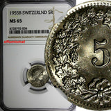 SWITZERLAND Copper-Nickel 1955 B 5 Rappen NGC MS65 HELVETICA KM# 26