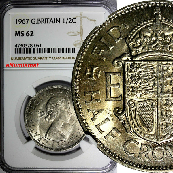 Great Britain Elizabeth II Copper-Nickel 1967 1/2 Crown NGC MS62 KM# 907