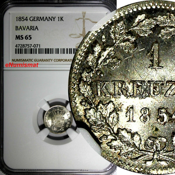 Germany BAVARIA Ludwig I Silver 1854 1 Kreuzer NGC MS65 Mint Luster KM#799 (071)