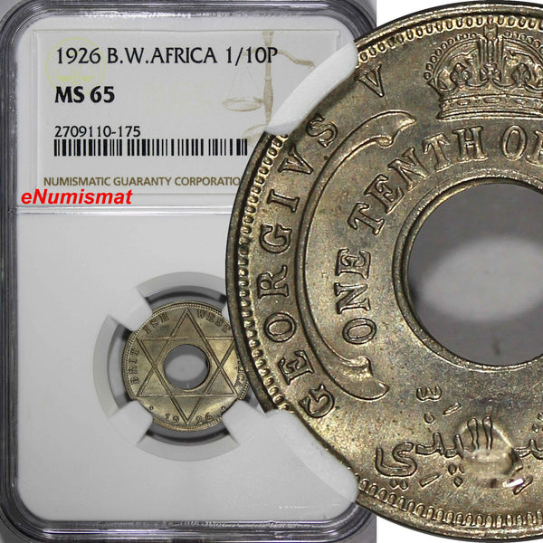 British West Africa George V 1926 1/10 Penny NGC MS65 NICE GEM BU COIN KM# 7/175