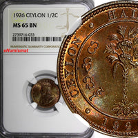 Ceylon George V Copper 1926 1/2 Cent NGC MS65 BN LAST YEAR TYPE KM# 106 (033)