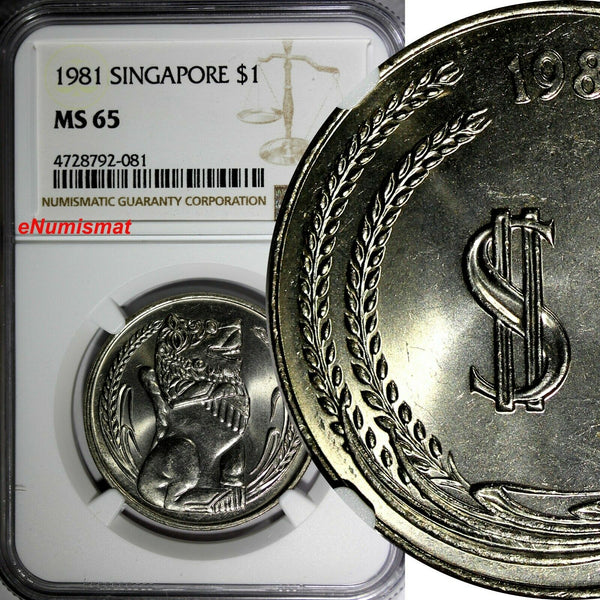 Singapore Copper-Nickel 1981 Dollar NGC MS65 GEM BU Statue of Singapore KM# 6