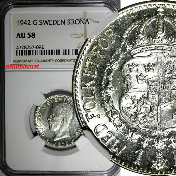 SWEDEN Gustaf V Silver 1942 G Krona KEY DATE RARE WWII NGC AU58 KM# 786.2 (092)