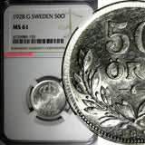 SWEDEN Gustaf V Silver 1928 G 50 Ore NGC MS61 KM# 788