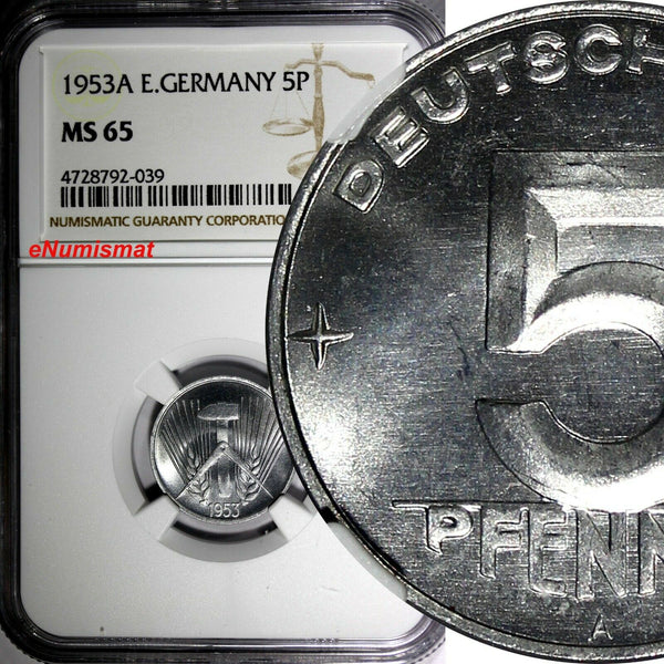 Germany - Democratic Republic Aluminum 1953 A 5 Pfennig NGC MS65 KM# 6 (039)