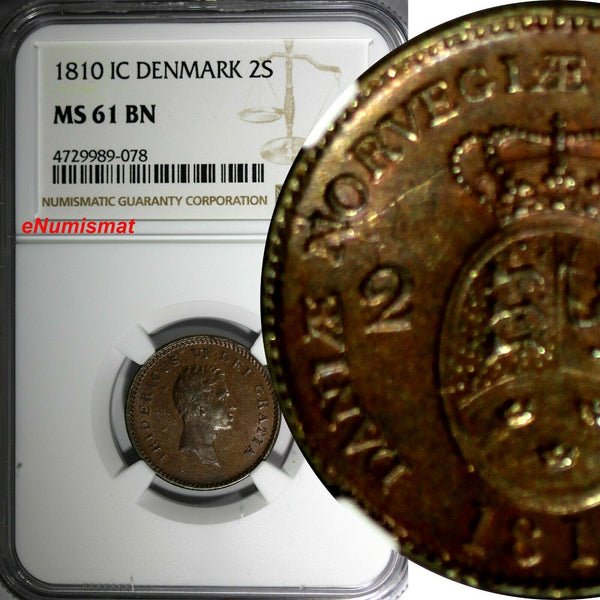 Denmark Frederik VI Copper 1810 IC 2 Skilling NGC MS61 BN 2 YEARS TYPE KM#670(8)