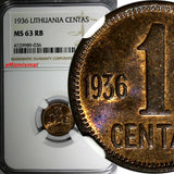 Lithuania Bronze 1936 1 Centas NGC MS63 RB NICE TONING 1 YEAR TYPE KM# 79