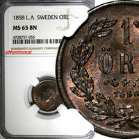 SWEDEN Oscar I Bronze 1858 1 Ore NGC MS65 BN VARIETY "L.A." KM# 687