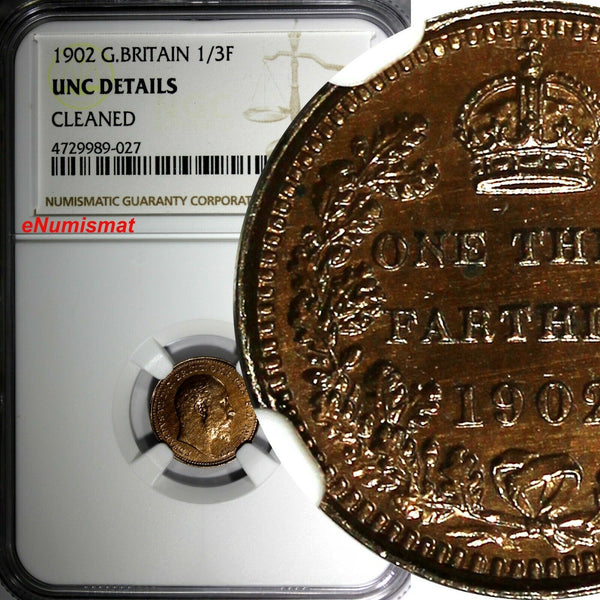 Great Britain Edward VII Bronze 1902 1/3 Farthing NGC UNC DET.1 YEAR TYPE KM#791