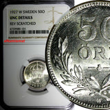 SWEDEN Gustaf V Silver 1927 W 50 Ore NGC UNC DETAILS SCARCE DATE KM# 788