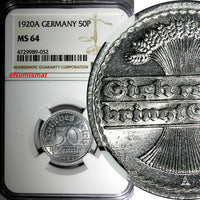 Germany, Weimar Republic 1920 A 50 Pfennig NGC MS64 GEM BU Berlin Mint KM# 27